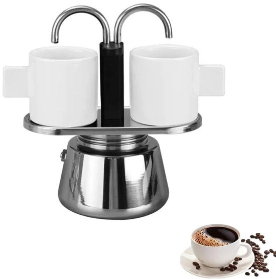 Moka Pot mini 100 ml - Caffettiera - Acciaio Inossidabile - Doppia Canna - Per 2 Tazze - Cucina Caffettiera
