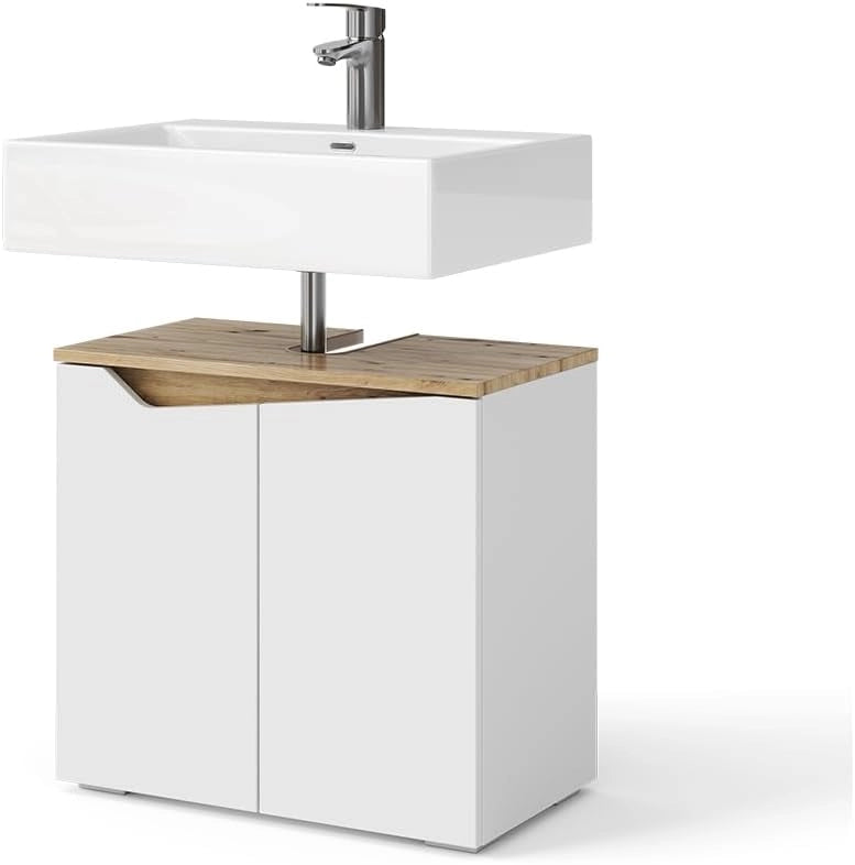 Mobile sottolavabo per bagno Marelle, Bianco/Artisan, 60 x 57.5 cm con 2 porte, con ritaglio per sifone per il montaggio sotto il lavabo