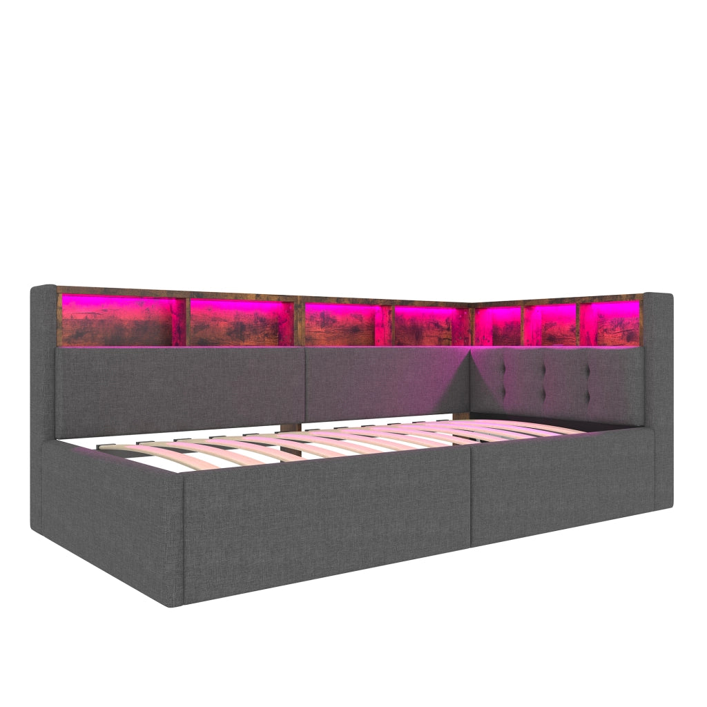 DESMIU Divano letto 90 × 200 cm 1 posto con USB, Type-C, LED regolabile, vano idraulico, senza materasso, grigio