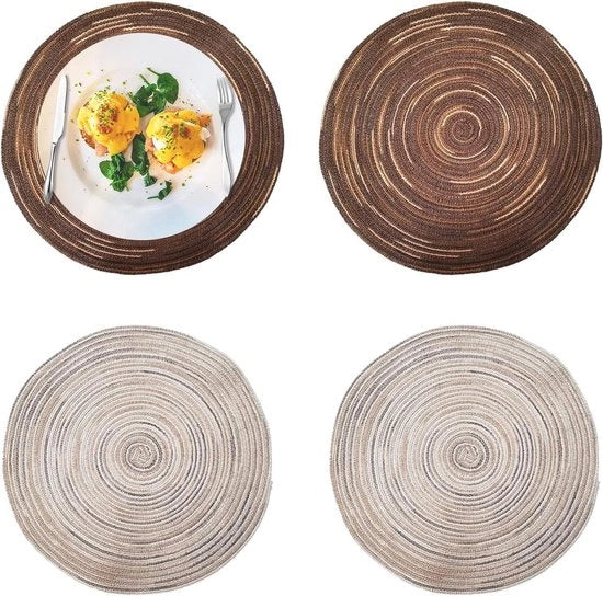 Set di 4 Tavoliere di Cotone a Rondi - Tavoliere di Tela Resistenti al Calore - Tavoliere di Tavolo Non Scivolosi Lavabili per Tavolo Cucina Bar Sala - Colore Caffè Grigio