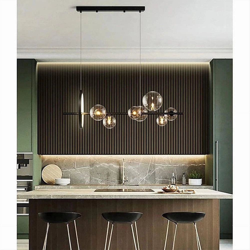 Trade Shop - Lampadario Moderno A Sospensione Nero 7 Sfere G9 Bolle In Vetro Con Cerchio 71676 -