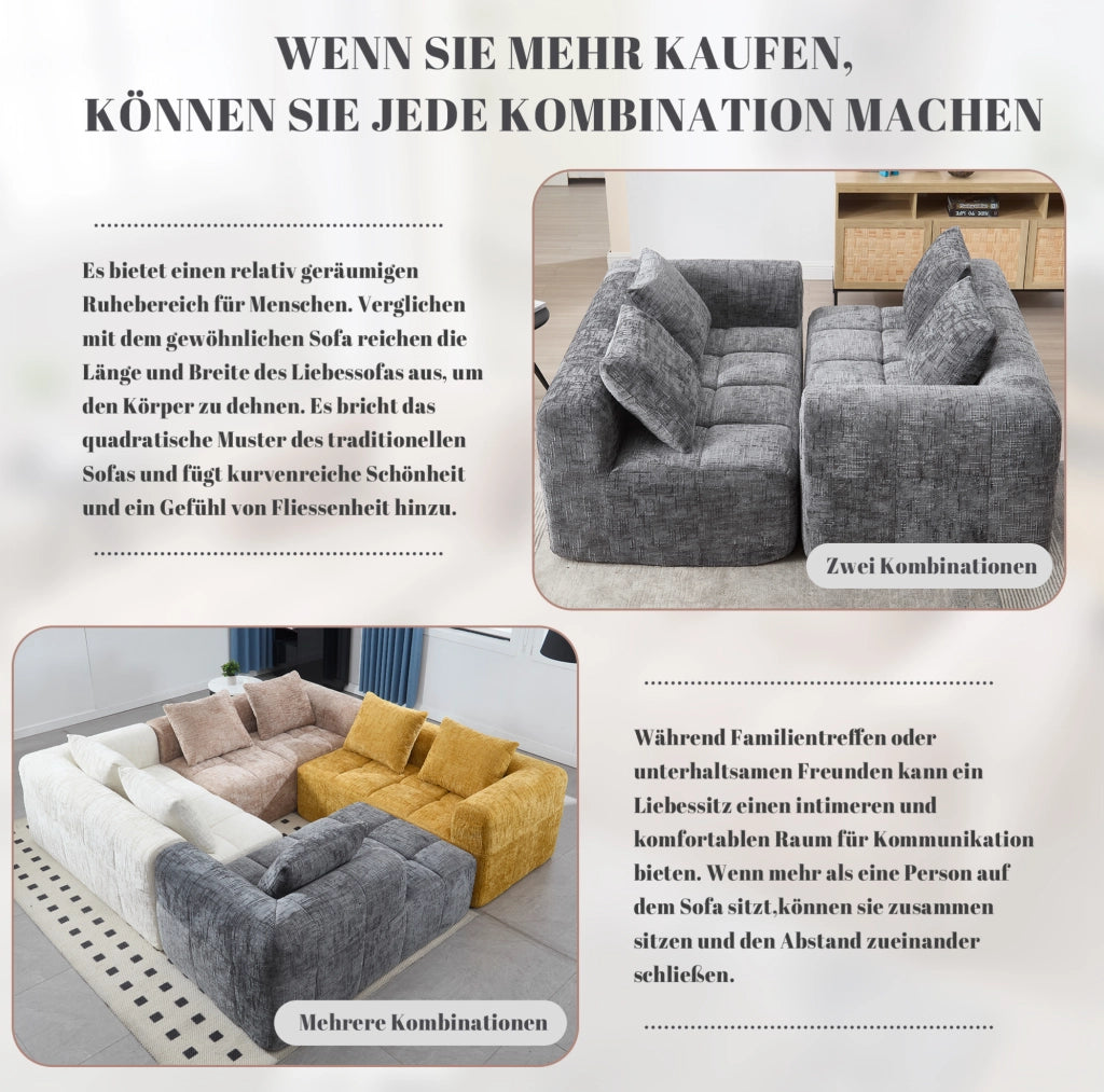 Divano con chaise longue in chenille grigio; 158x90x60 cm; con tasche laterali e cuscino