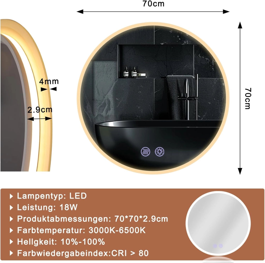 ZMH Specchio da Bagno Rotondo Illuminato con Regolazione d'Intensità e Touch