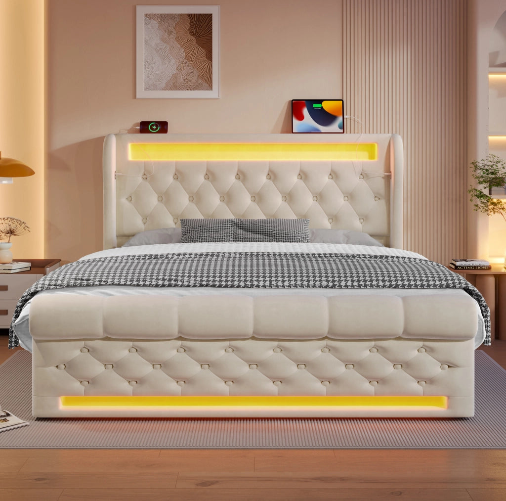Letto matrimoniale imbottito 160x200 cm in velluto beige con LED; USB e Type-C