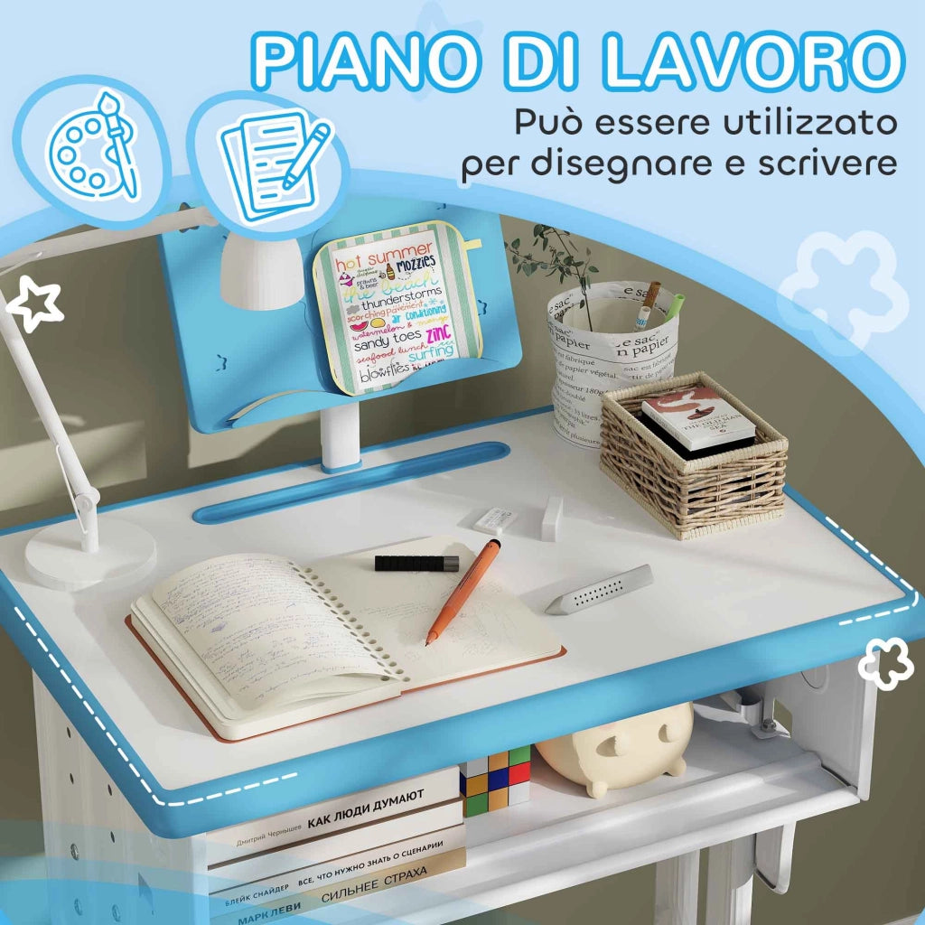 Scrivania Regolabile per Bambini con Leggio e Mensola ¨C zephmum ¨C Blu, Acciaio e MDF, 90x50x?