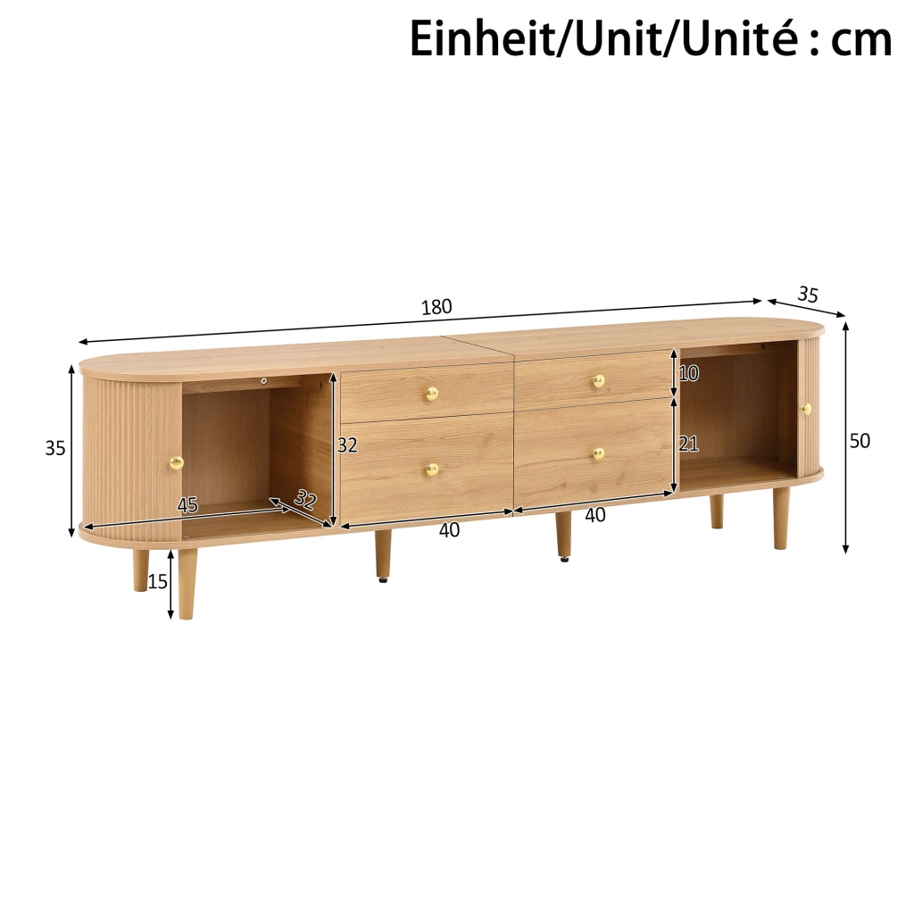 Mobile TV con 2 ante scorrevoli; 4 cassetti; 5 piedini in legno; per soggiorno; 180 × 35 × 50 cm; naturale