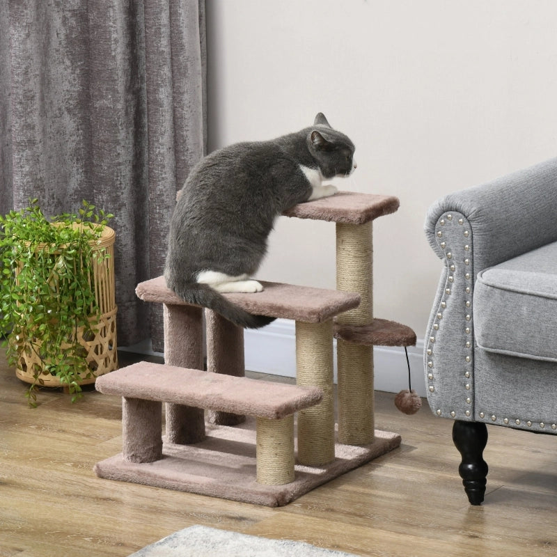 Treppe per gatti con tiragraffi in juta, 3 gradini, pallina gioco, 45x40x48 cm, marrone