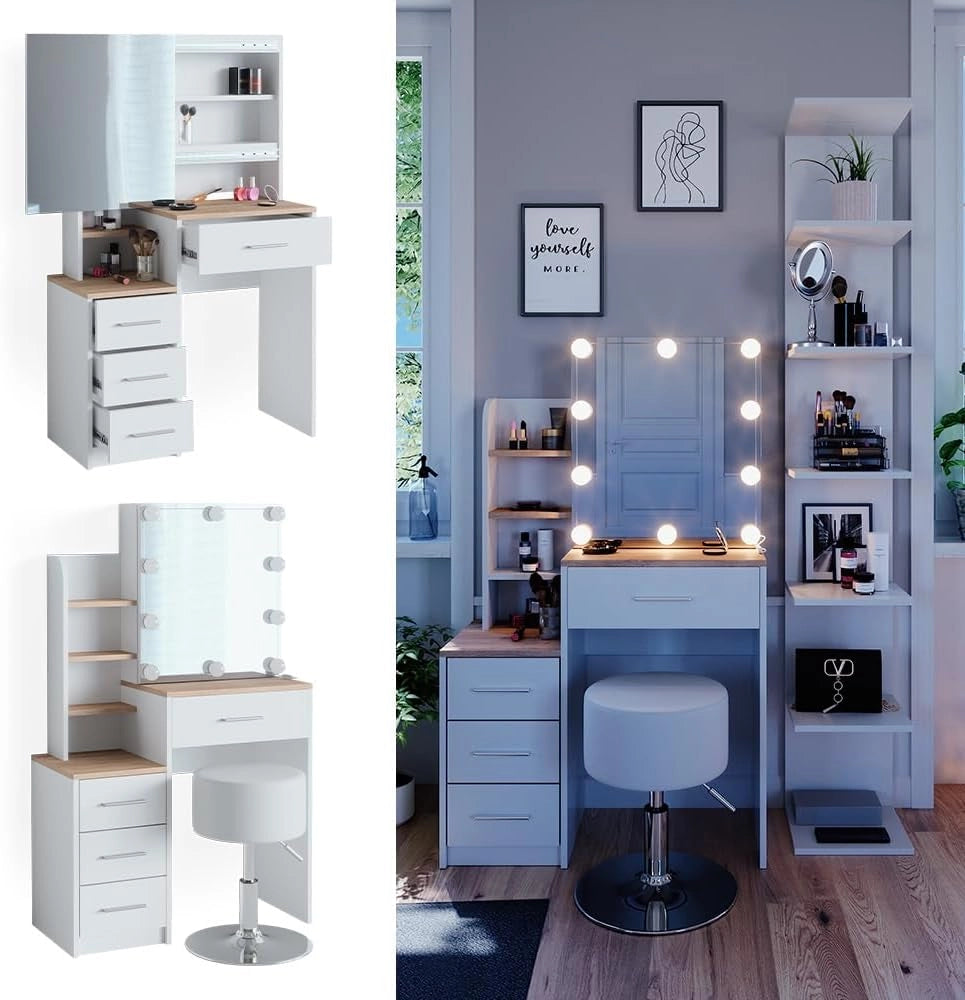 Tavolo da toeletta Conrada, Bianco/Sonoma, 80 cm con illuminazione LED e sgabello, adatto per l'organizzazione di articoli cosmetici e accessori