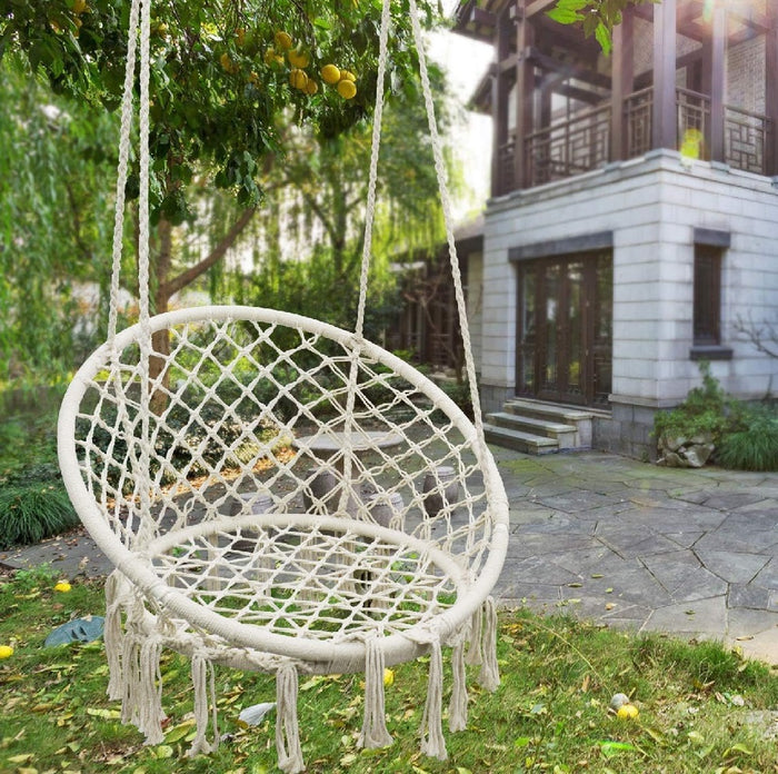 Poltrona Sospesa Amaca Dondolo Intrecciata in Tessuto Beige uso Interni Esterni