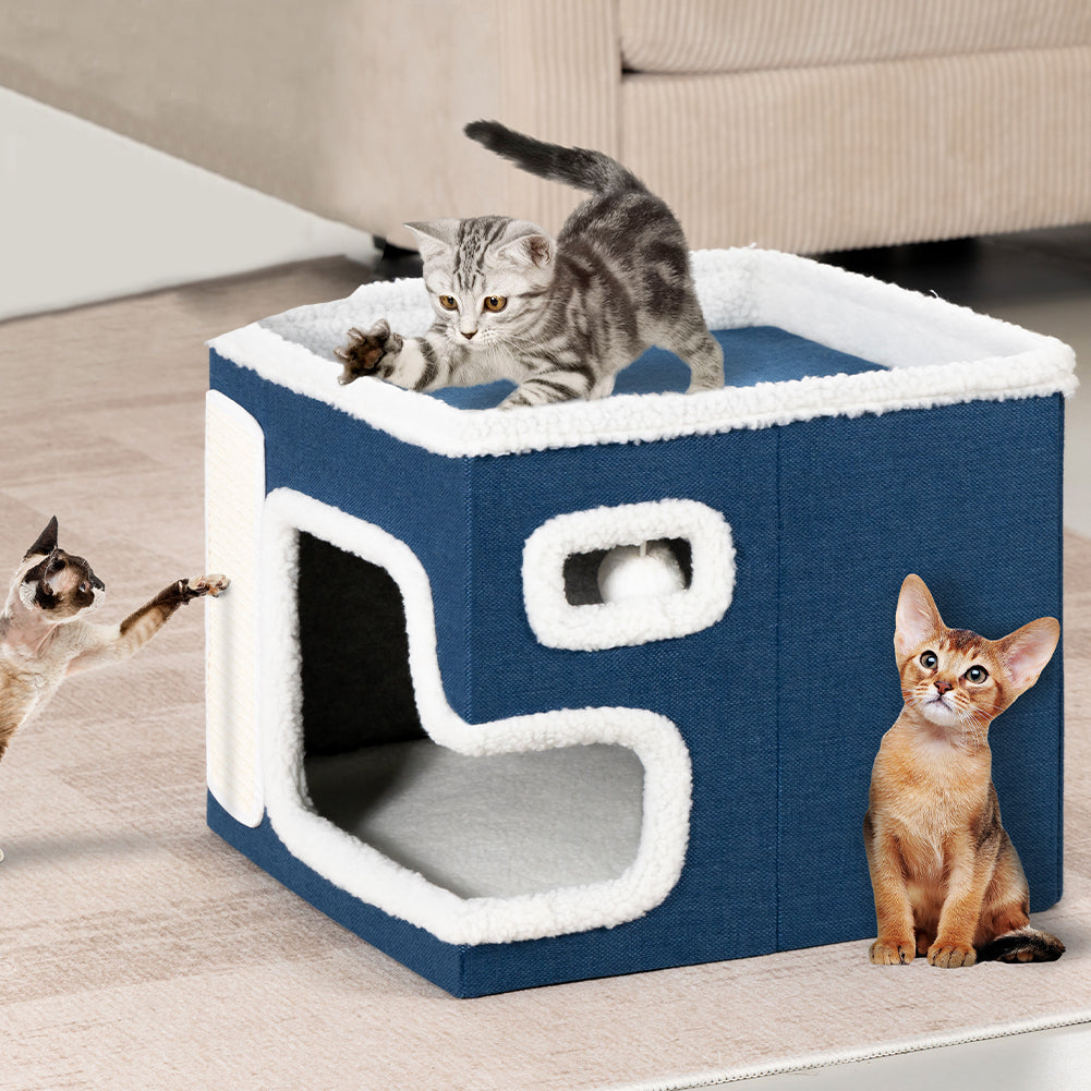 Cuccia Casa per Gatti Blu Tiragraffi Casetta Animali Domestici 42x42x33 cm