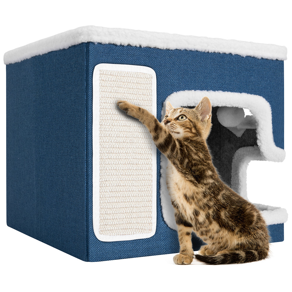 Cuccia Casa per Gatti Blu Tiragraffi Casetta Animali Domestici 42x42x33 cm