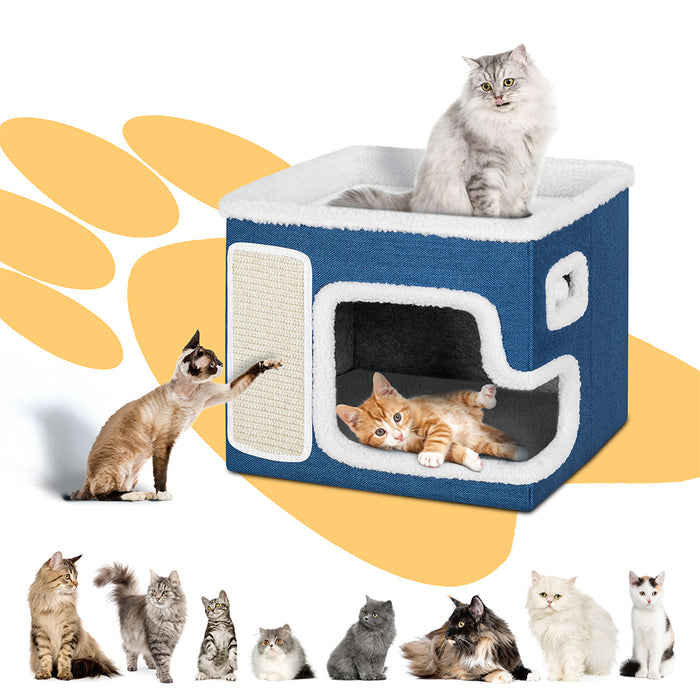 Cuccia Casa per Gatti Blu Tiragraffi Casetta Animali Domestici 42x42x33 cm