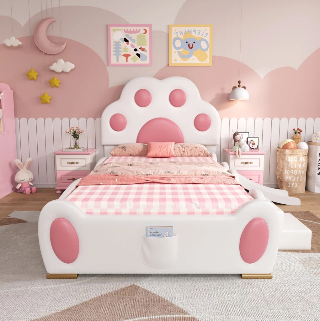 Letto singolo 90x200 cm bianco e rosa in PU con scivolo e scala