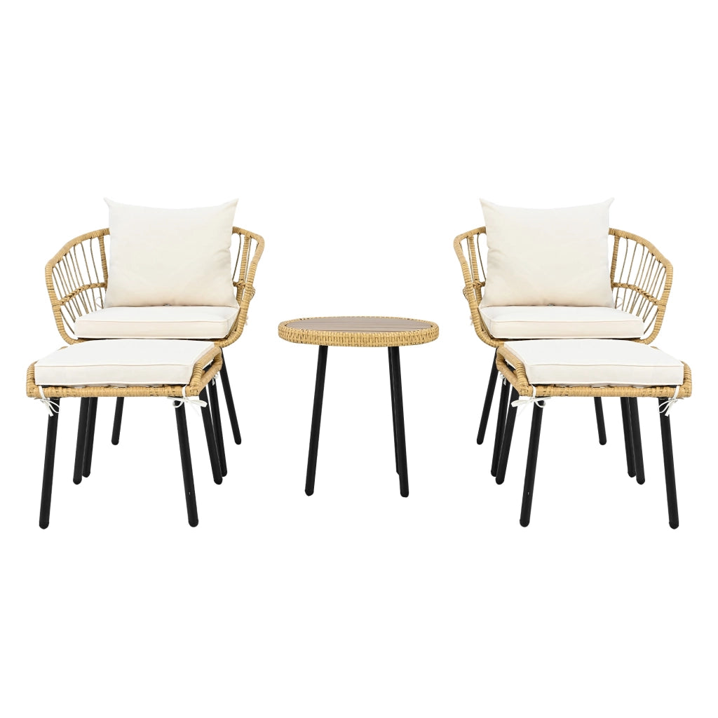 Set da terrazza con tavolo e sedie 2 sedie 2 sgabelli in rattan e tessuto bianco e naturale per esterni
