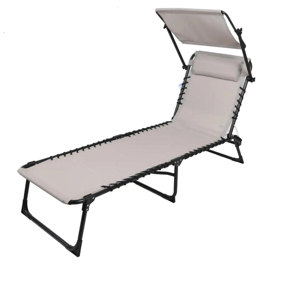 Set di 2 lettini prendisole con tavolino ombrellone e cuscino – 187x56x85 cm – Metallo nero – Tela taupe