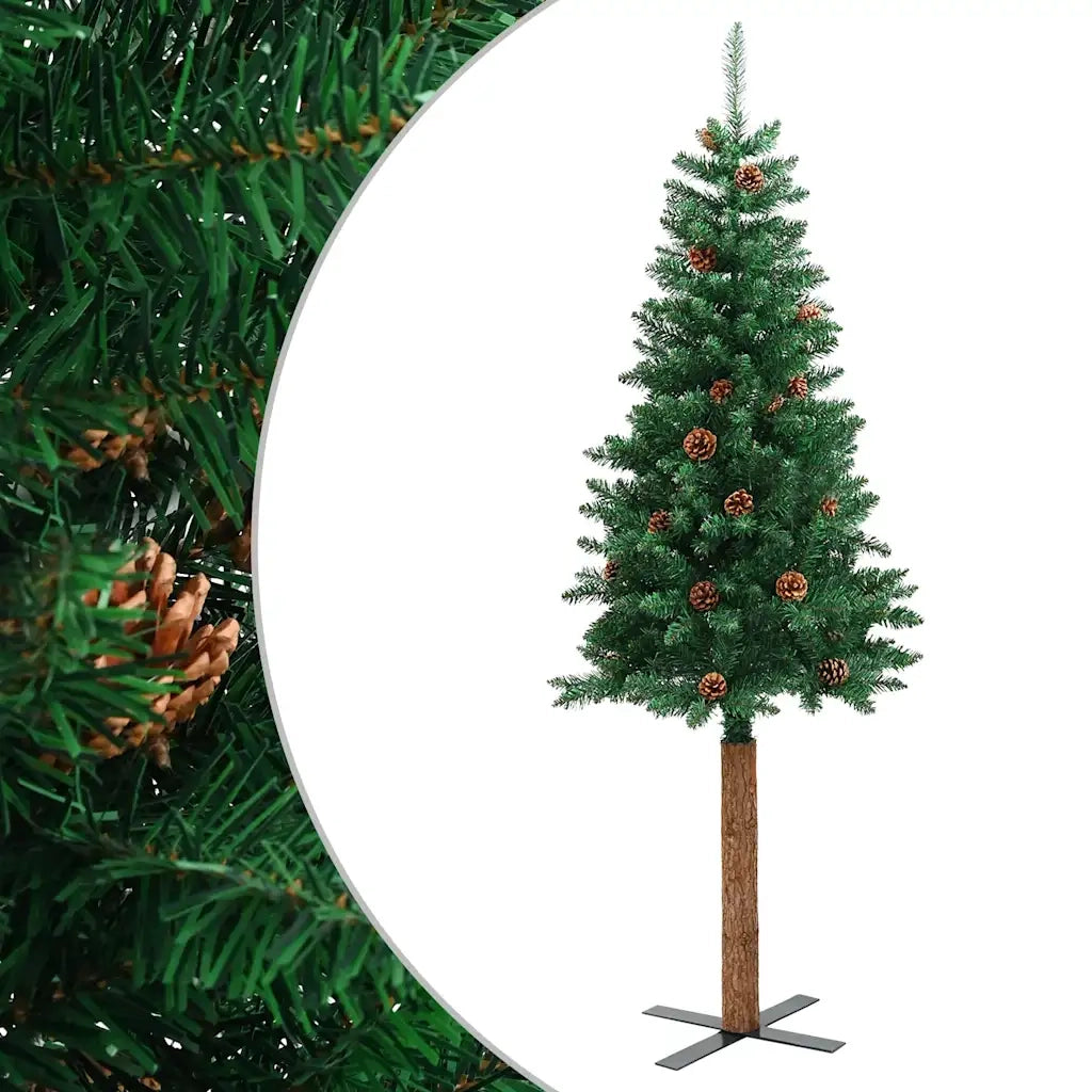 Albero di Natale Sottile con Legno Vero e Pigne Verde 180cm PVC