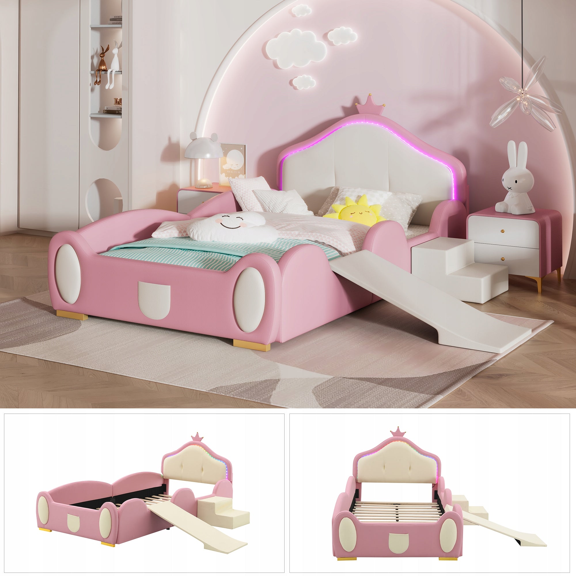 Letto a castello con scivolo LED - Xylo - 90x200cm - Rosa+Beige