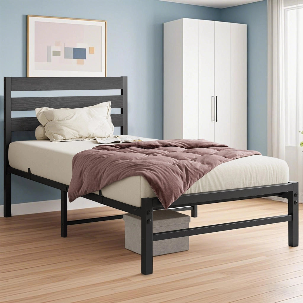 Letto singolo in metallo nero 90x200 cm con testiera MDF e rete a doghe