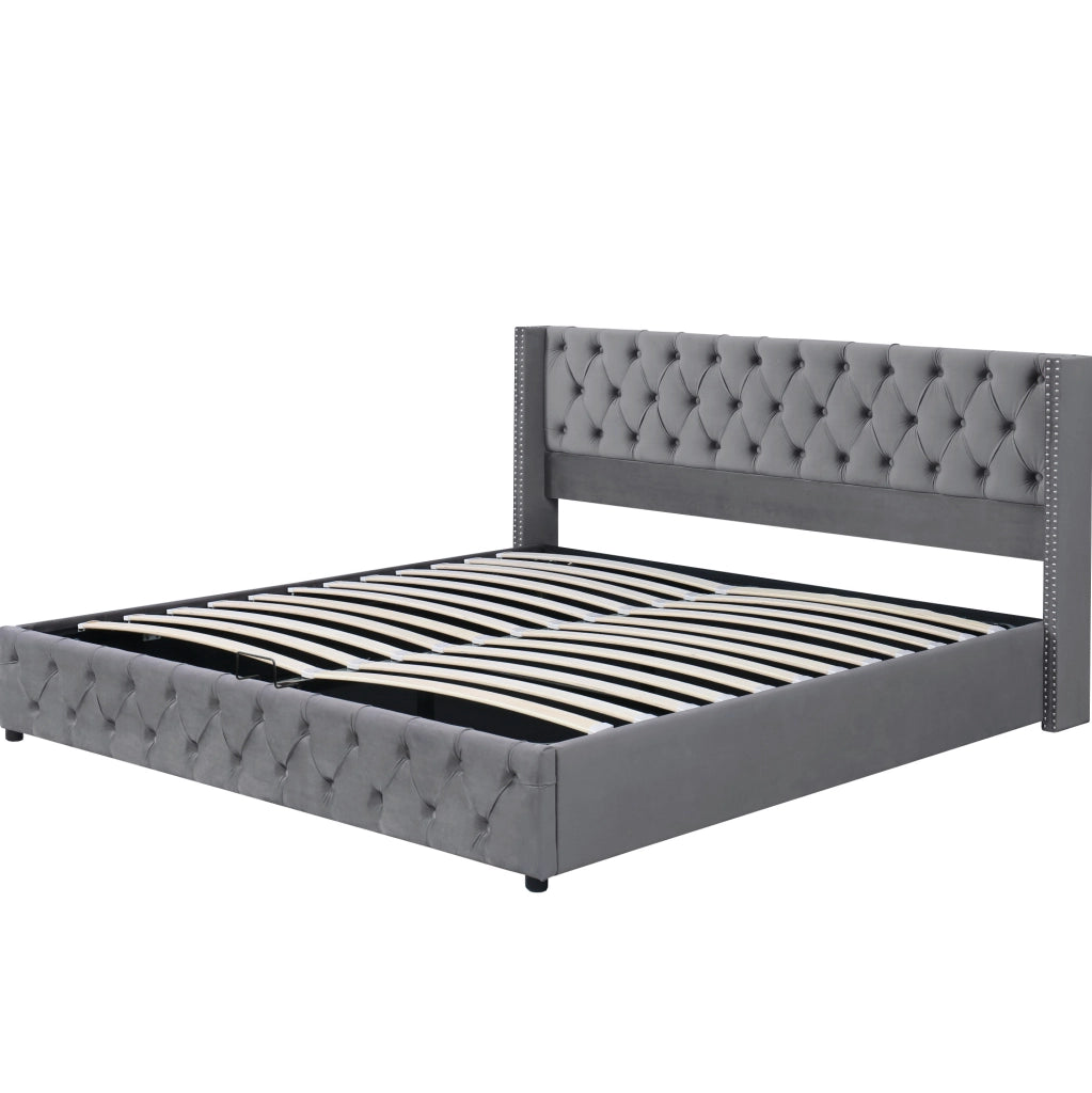 Letto contenitore 140x190 cm in velluto grigio con sollevamento idraulico