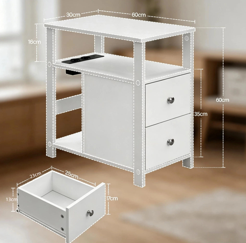 Tavolino stretto con presa; 2 cassetti e 2 ripiani; 60x60x30 cm; bianco