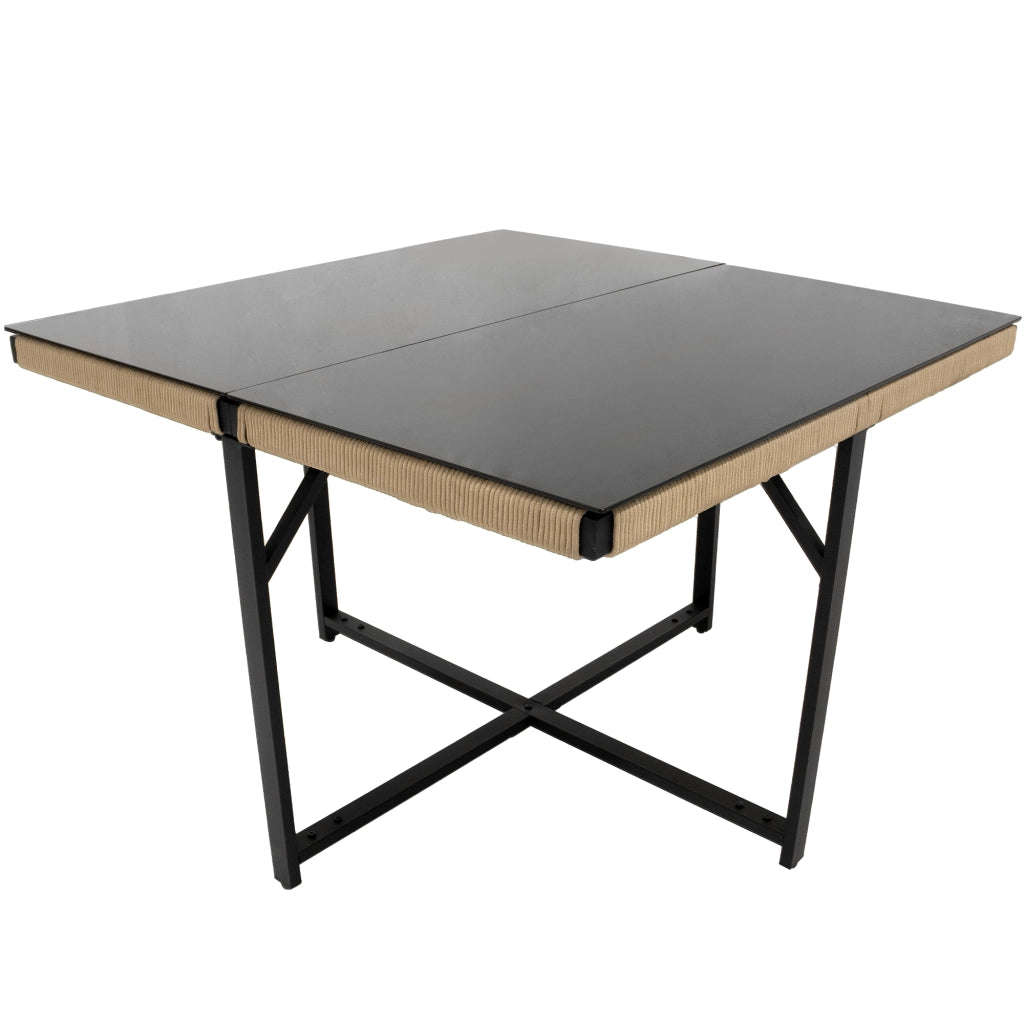 Set pranzo giardino 5 pezzi: tavolo pranzo + 4 sedie impilabili; ferro; vetro sicurezza; beige