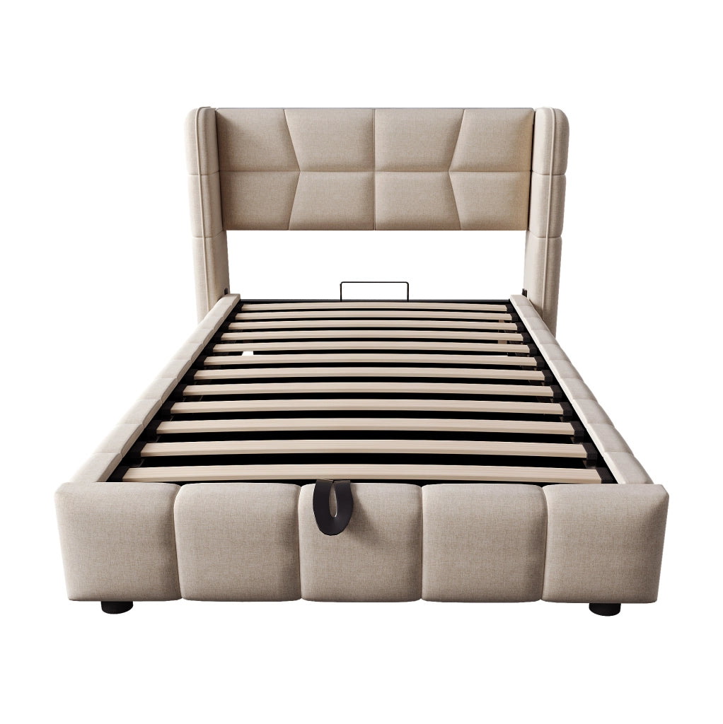 Letto imbottito 90x200 cm beige con contenitore e sollevamento
