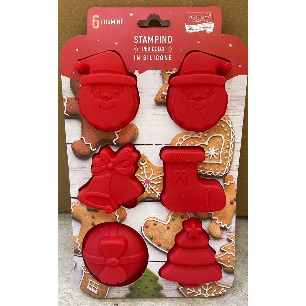 Trade Shop - Set Di Stampini In Silicone Per Biscotti Dolci 6 Formine Rosse Con Vari Soggetti Natalizi -