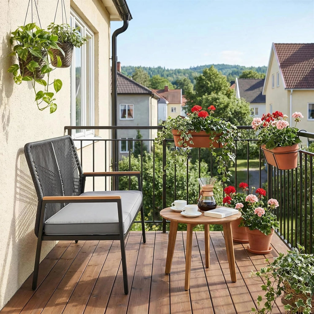 Panchina da giardino in rattan, sedia da giardino a 2 posti in polyrattan, panchina da esterno, resistente alle intemperie, braccioli in WPC, per terrazza, giardino e veranda, grigio