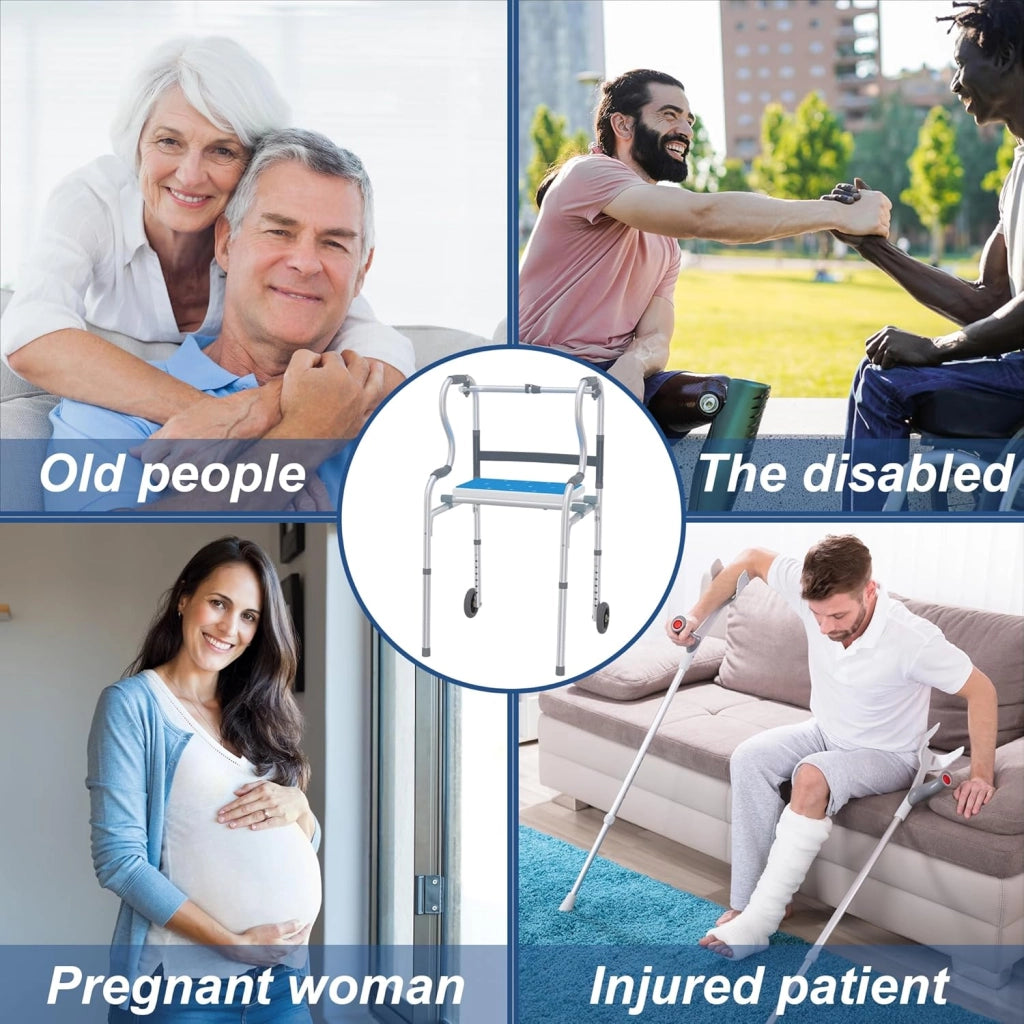 Deambulatore per anziani, regolabile in altezza, pieghevole, con manici, 2 ruote e sedile doccia 3 in 1, supporto per adulti e disabili, portata fino a 180 kg