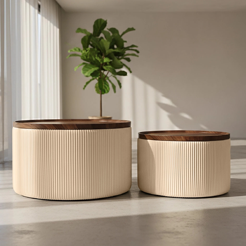 Set 2 Pouf Contenitore Rotondi in Velluto con Coperchio in Legno, Tavolino da Salotto Moderno, Pouf Contenitore Multiuso, Pouf Poggiapiedi, Tavolino Contenitore Salvaspazio Crema