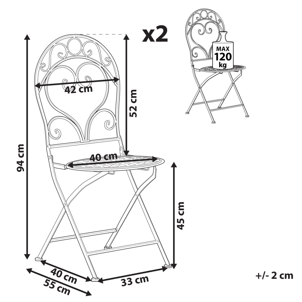 Set da esterno di 2 sedie con schienale a volute in metallo verniciato a polvere rosa