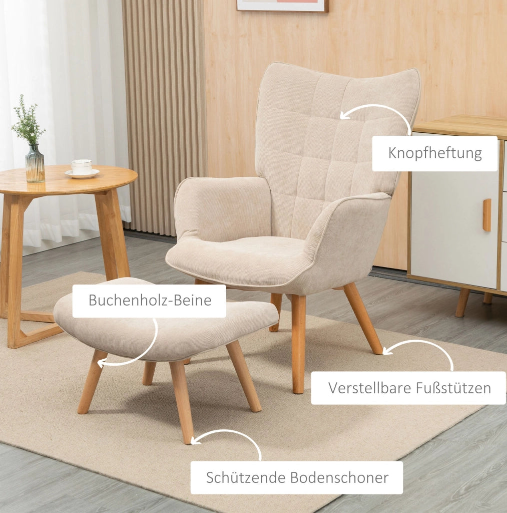 Poltrona relax beige in velluto a coste con pouf
