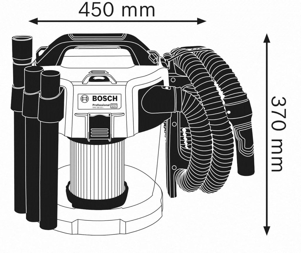Bosch Professional Aspiratore a umido/a secco a batteria GAS 18V-10 L 18V System, senza batterie e caricabatterie, tubo flessibile 1.6 m, tubo curvo, set tubi 3 pezzi, lancia 250 mm, filtro piatto