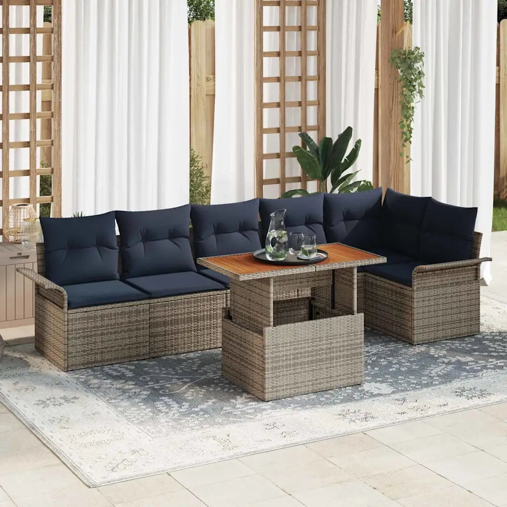Set Divano da Giardino 7 pcs Grigio e Blu Navy polyrattan