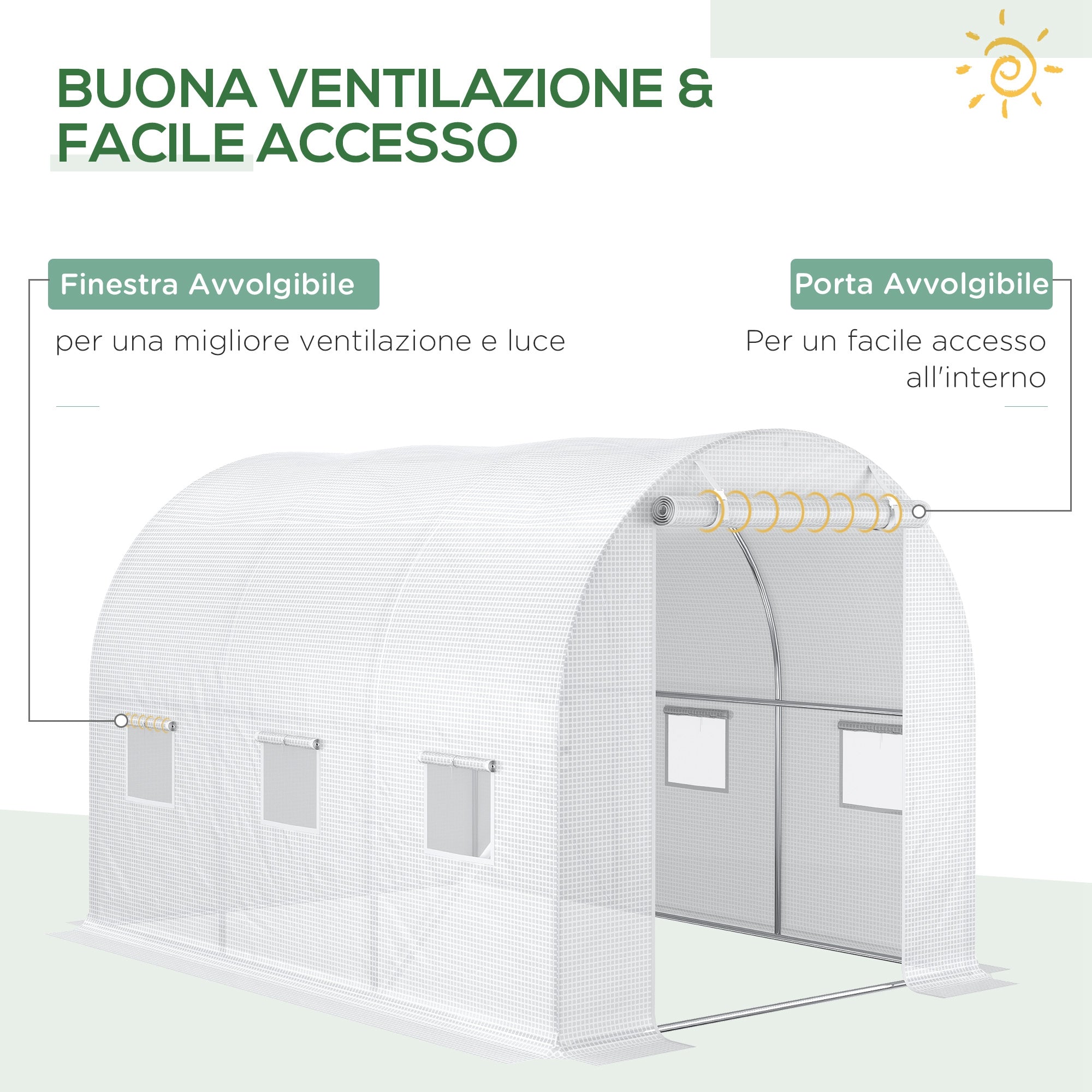 Telo per Serra 3x2x2 m con 6 Finestre Porta Avvolgibile e Bordi Interrati in PE Bianco