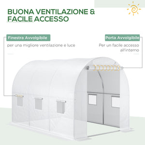 Telo per Serra 3x2x2 m con 6 Finestre Porta Avvolgibile e Bordi Interrati in PE Bianco