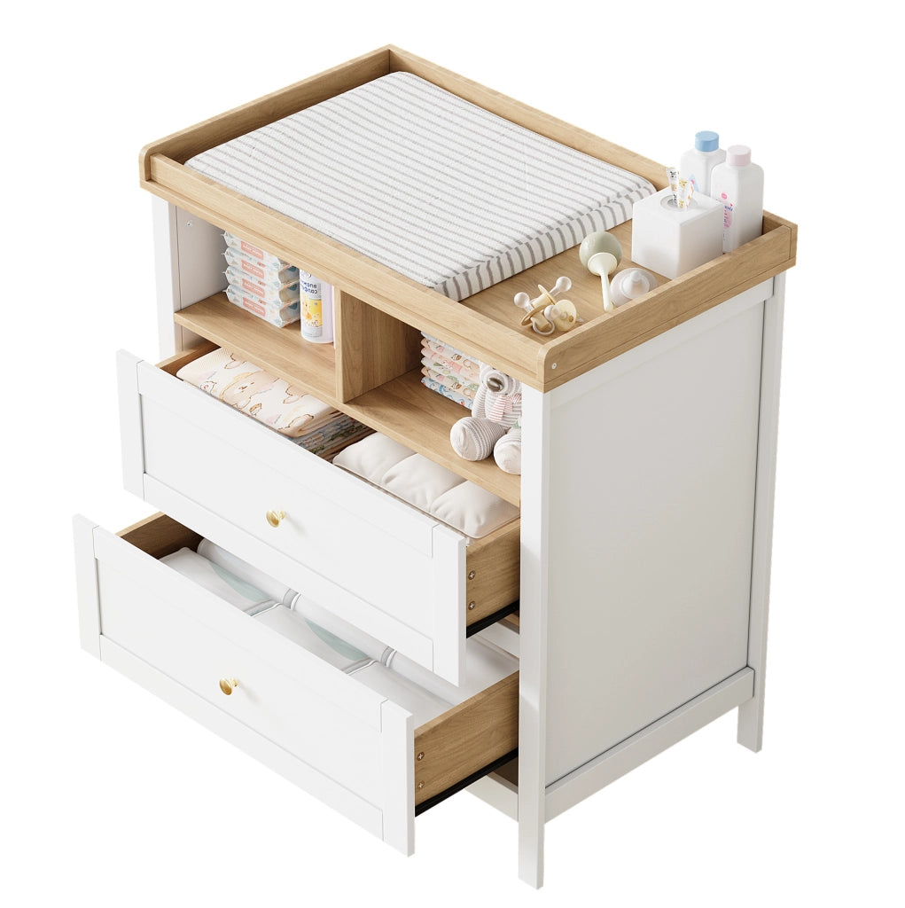 Fasciatoio trasformabile in MDF naturale e bianco con cassetti
