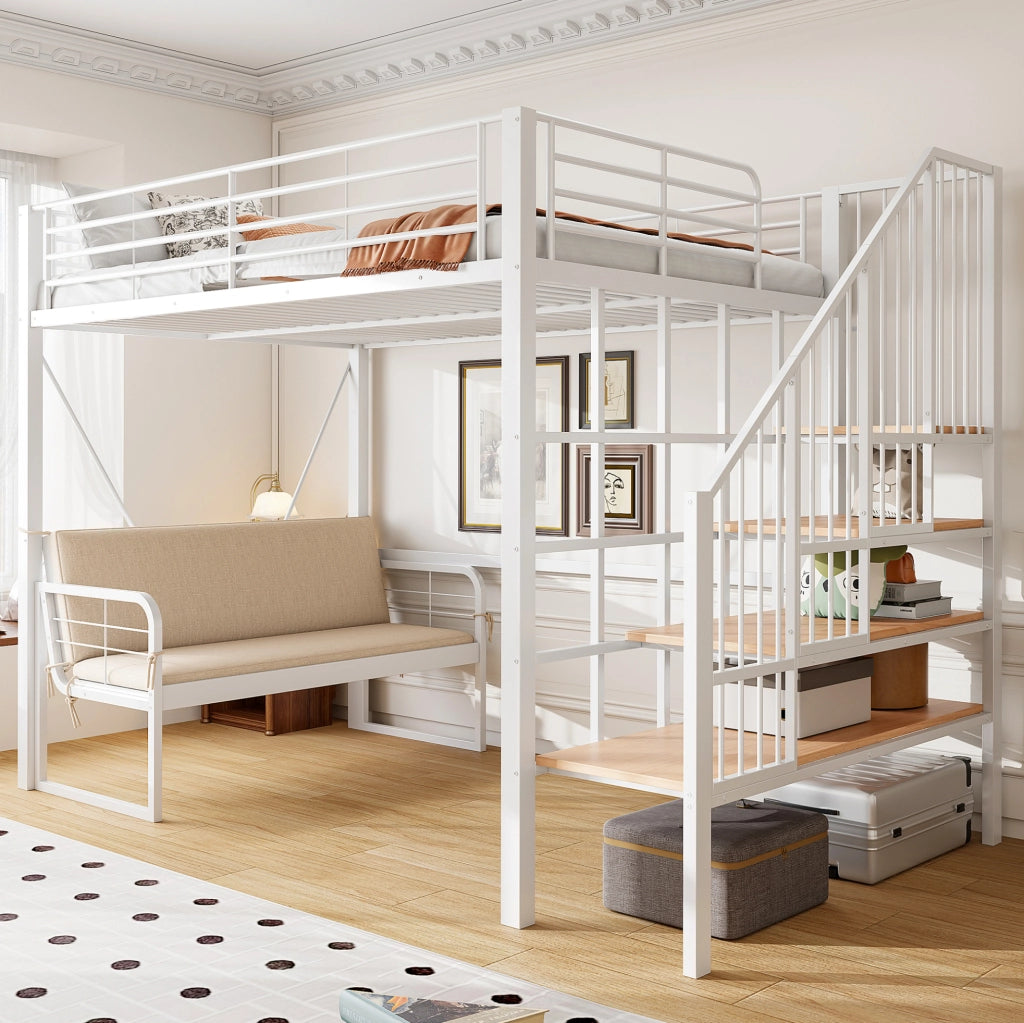 Letto a castello 140x200 cm con divano imbottito e scala contenitore