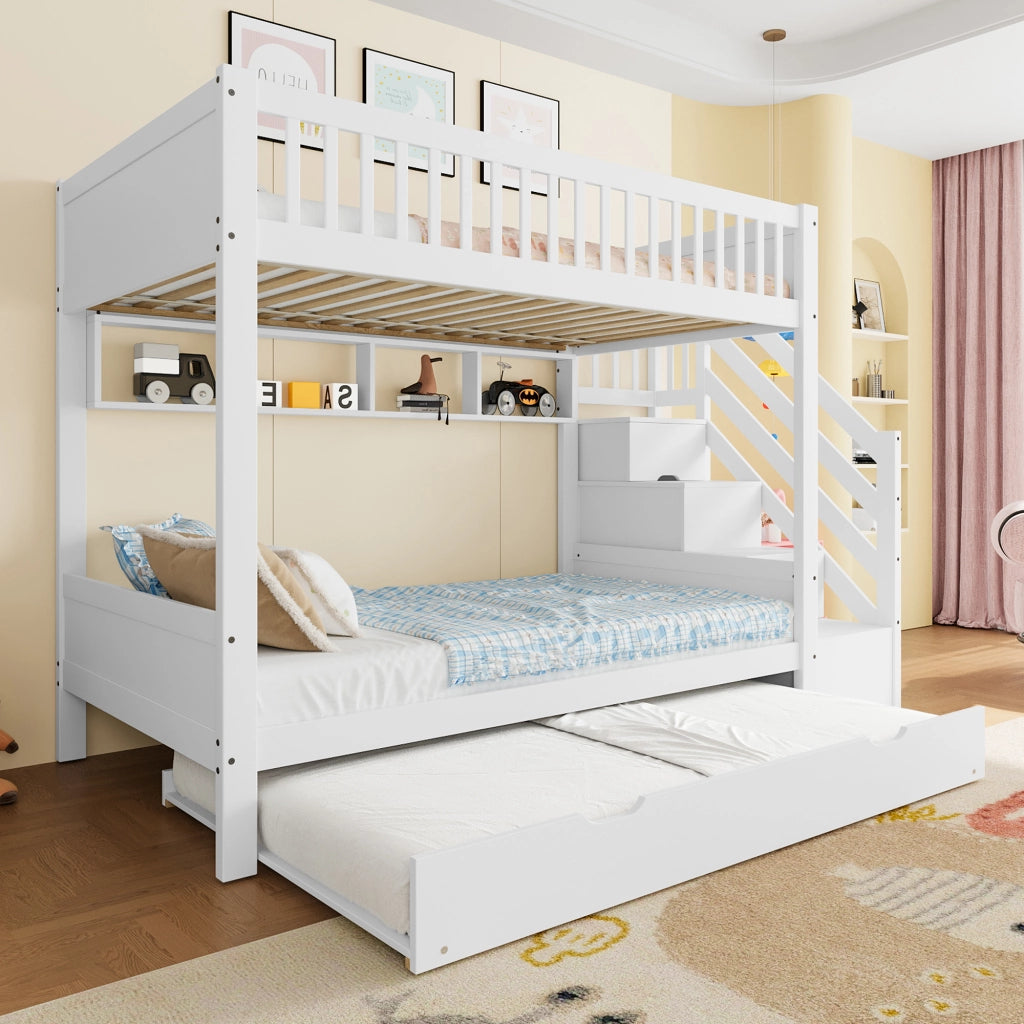 Letto a Castello 90x200 cm - con Letto Estraibile; Armadio; Vano - in Pino - Bianco