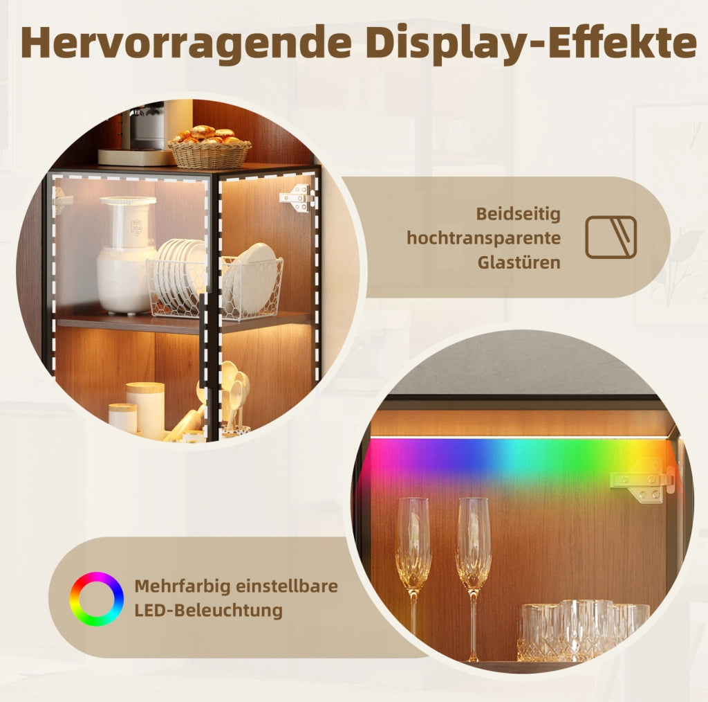 Vetrina ULEVR 70x38x160 cm con vetro temperato frontale e laterale, ripiani estraibili e LED multicolore, noce