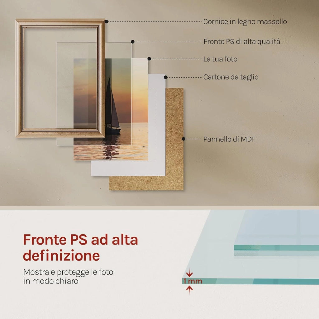 Set di 5 Cornici Foto 50x70 cm con Passepartout, Portafoto da Parete e Tavolo, Verticale o Orizzontale, in Legno Massiccio, Oro