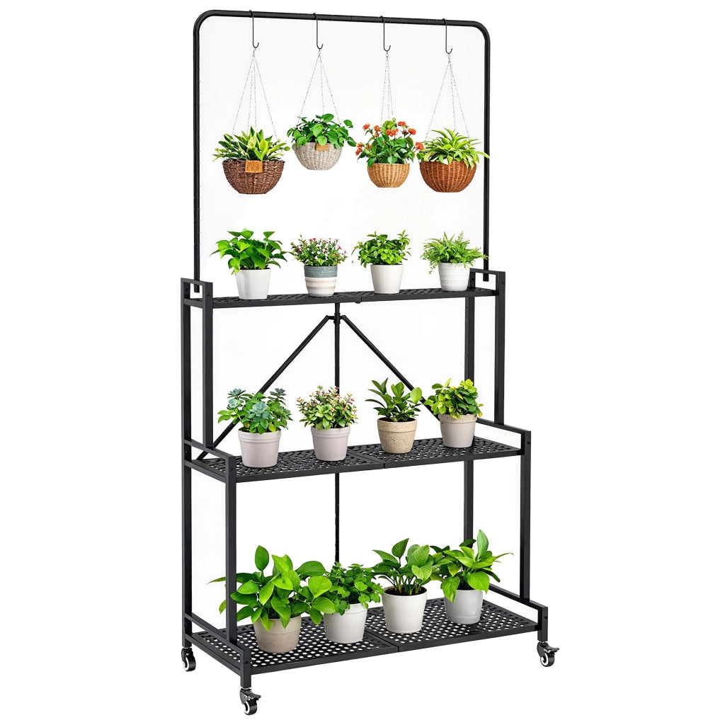 Supporto Piante a 3 Livelli Pieghevole con Ruote e 4 Ganci ¨C Zephmum ¨C Nero, Metallo, 84x40.5x174cm