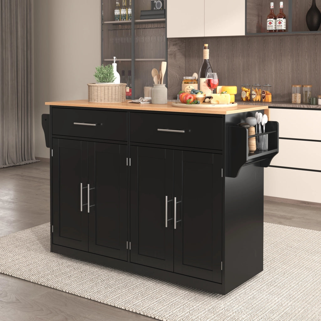 Isola da Cucina Mobile 120x46/70x91 cm Nera con Piano Ribaltabile; 2 Cassetti; Ruote e Gambe in Legno