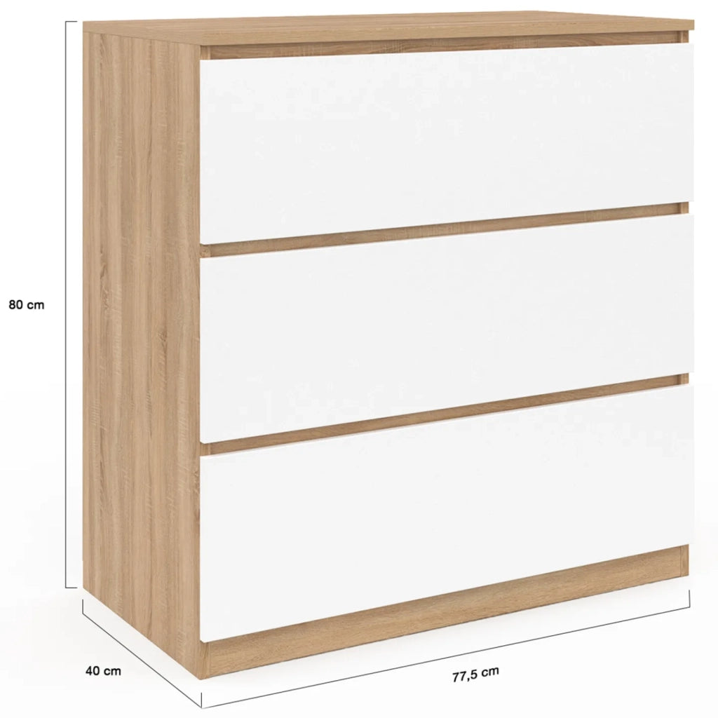 IDMarket - Cofre de 3 cajones TOMI 78 cm en haya y blanco