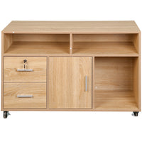 Mobile Multiuso Ufficio Bianco con 3 Mensole, 2 Cassetti e Armadietto con Chiave 4Ruote