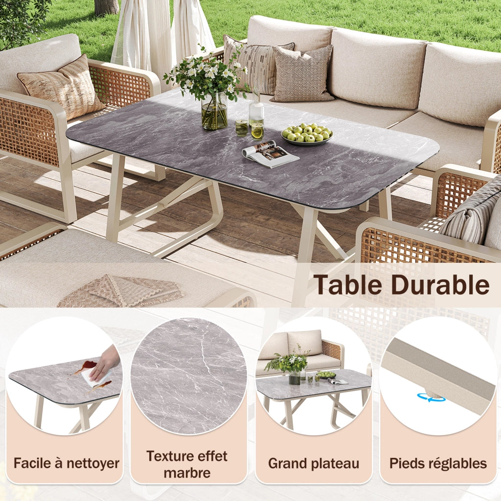 Salotto da Giardino con 2 Poltrone; 1 Divano 3 Posti; 1 Panca e 1 Tavolo; per 6-7 persone; Rattan PE; Ferro e Tessuto Impermeabile; Beige