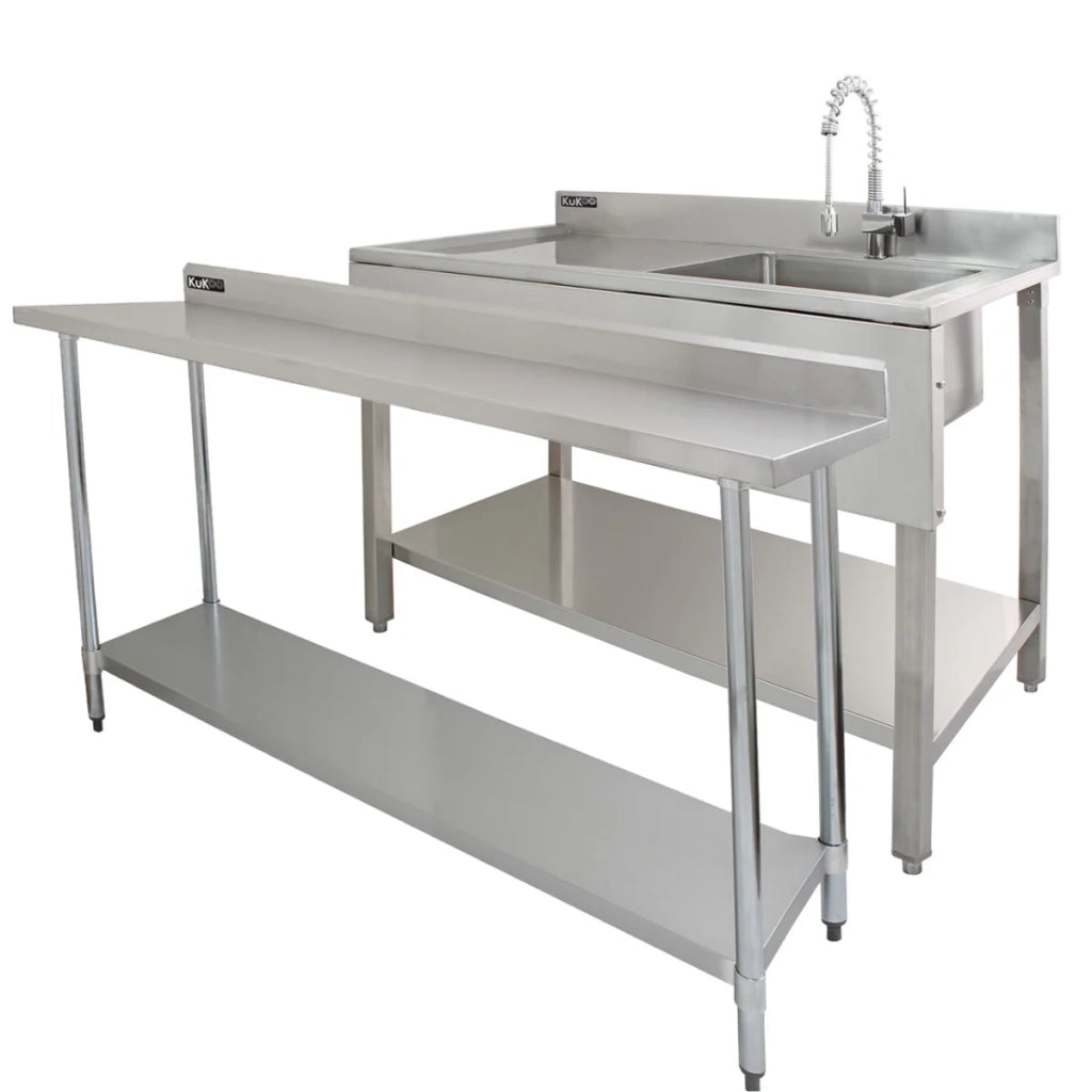 Tavolo da Cucina Commerciale 180cm & 2 Mensola a Muro 125cm in Acciaio Inox