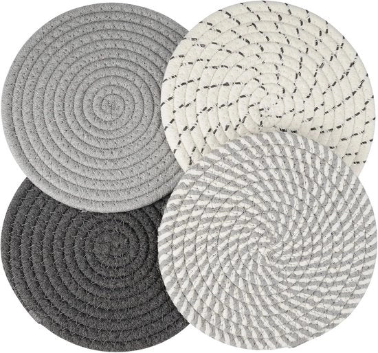Set di supporti per pentola - Resistente al calore - Adatto alla cucina - 4 pezzi - Grigio - Filo di cotone