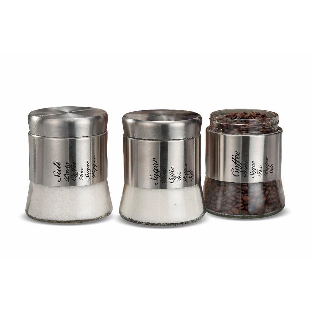 Set 3 Barattoli da Cucina in Vetro e Metallo Sale Zucchero e Caffè