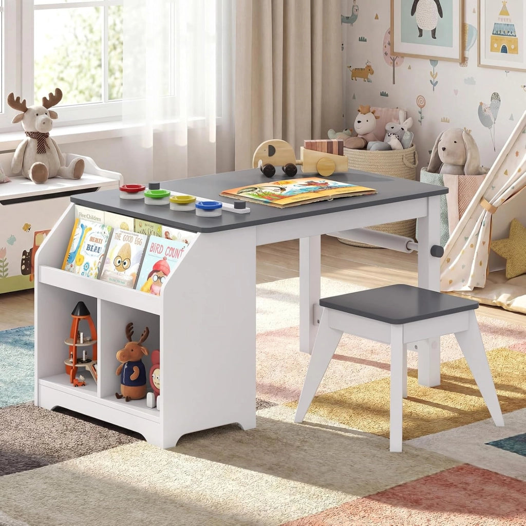 Set Tavolo e Sedia per Bambini 3+ Anni con Rotolo di Carta | Tavolo da Disegno con Sgabello, 4 Vaschette, 3 Scomparti e 2 Cassetti in Tessuto per Cameretta e Sala Giochi